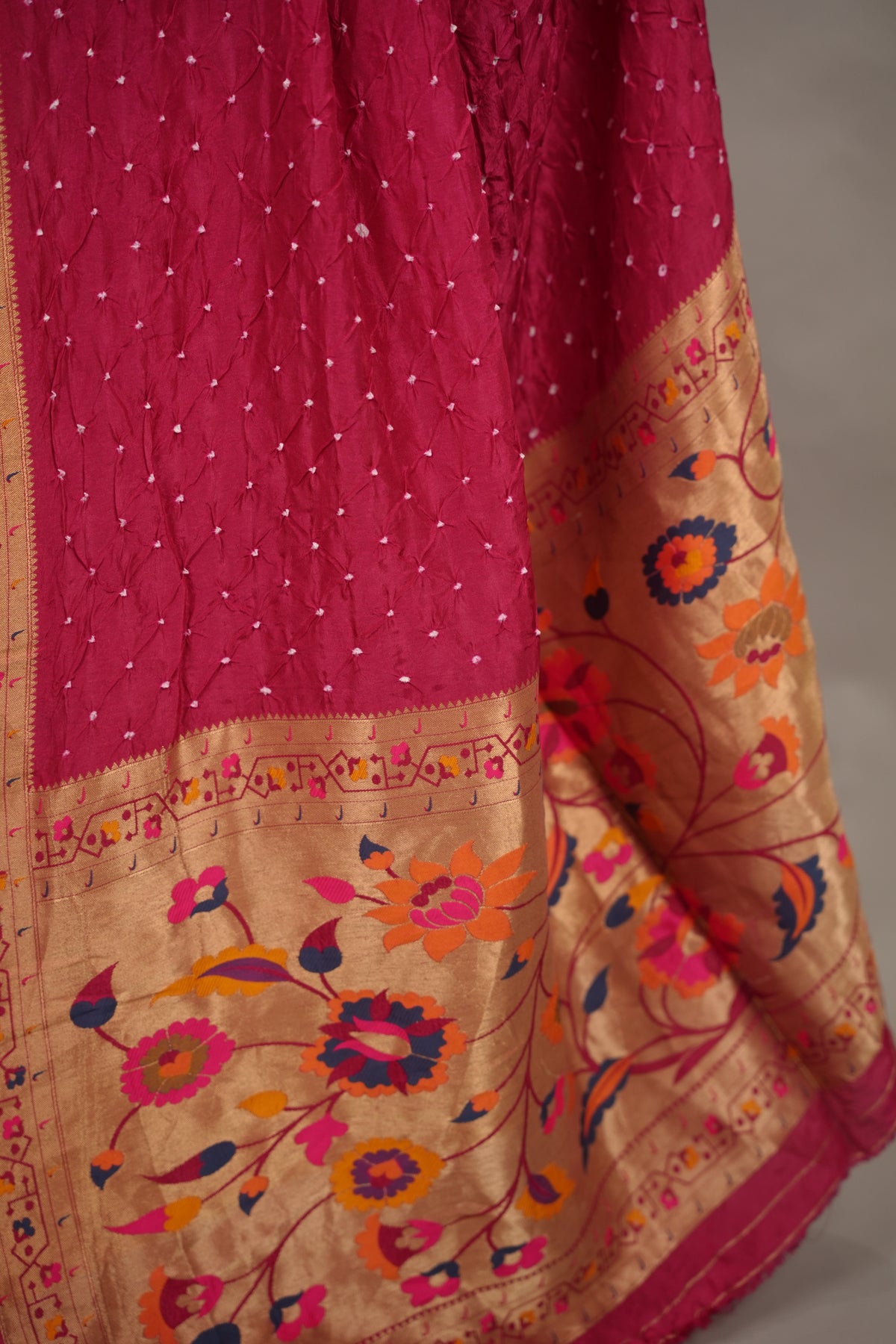 Magenta Pink Handcrafted Bandhani Paithani Dola Silk Saree | Looms & Tassels