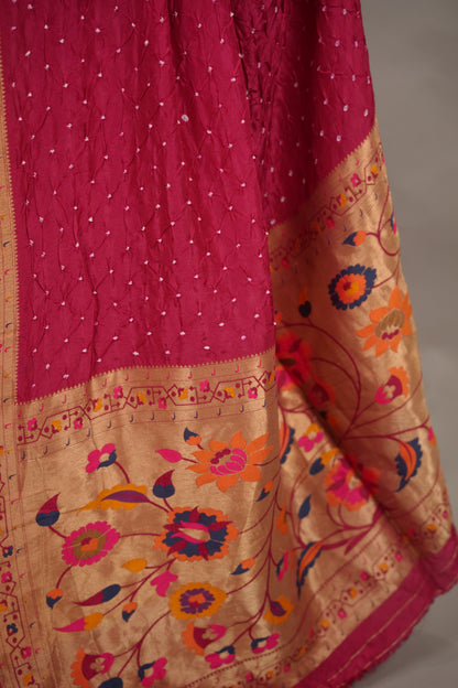 Magenta Pink Handcrafted Bandhani Paithani Dola Silk Saree | Looms & Tassels