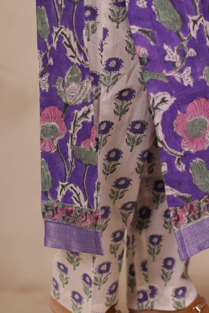 Lavender Linen Cotton Handblock printed 3 piece suit (stitched)