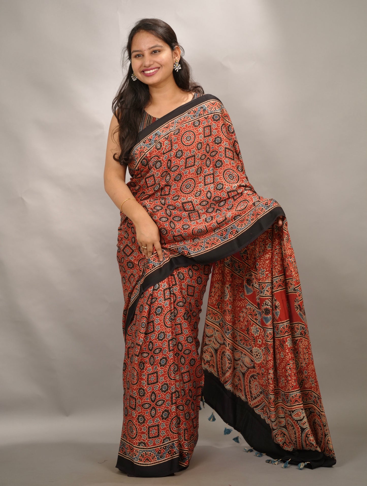 Red Authentic Ajrakh Handblock Printed Modal Silk Saree | Looms & Tassels