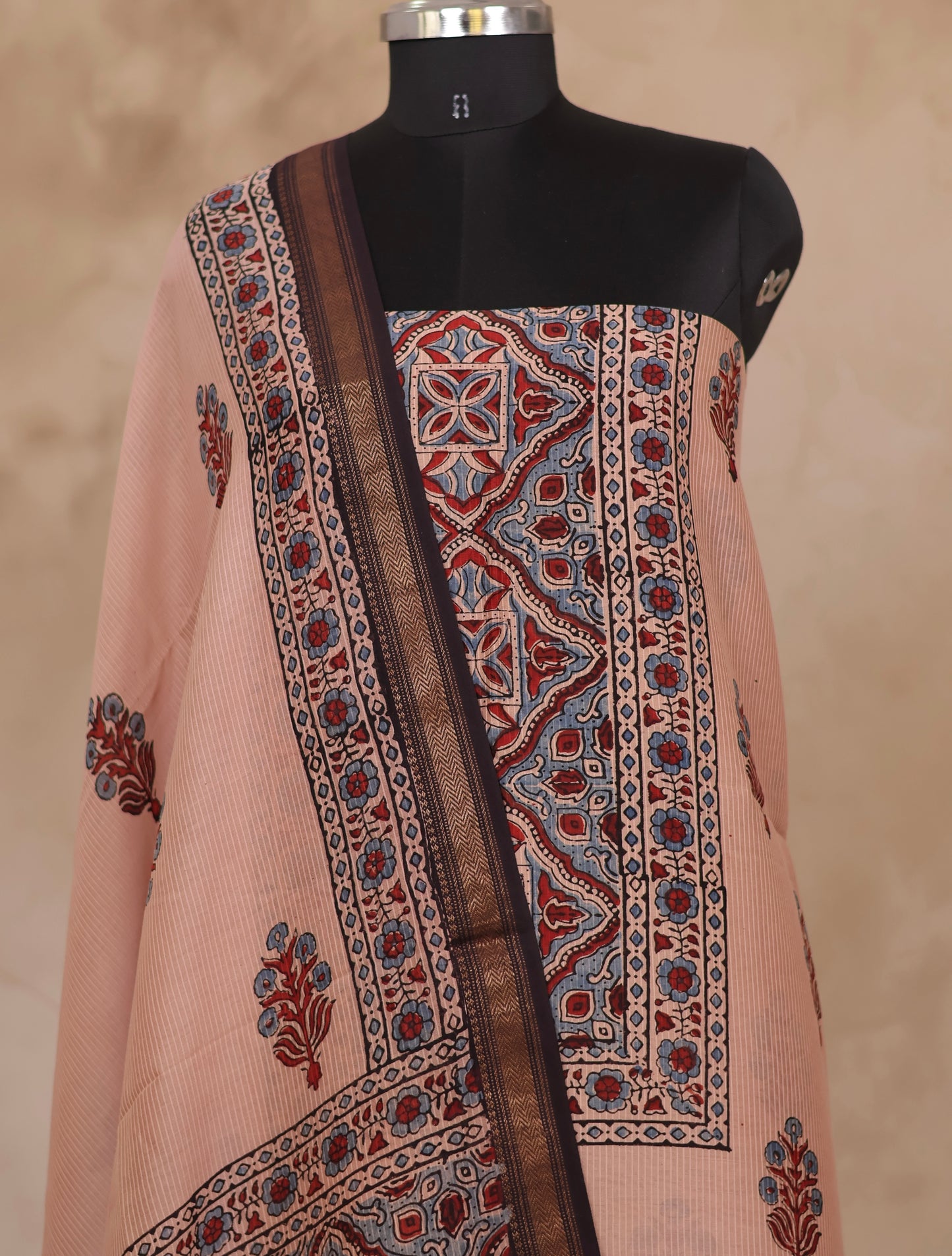 Maheswari Silk Cotton Ajrakh Handblock Printed 2 Piece Suit Set | Looms & Tassels