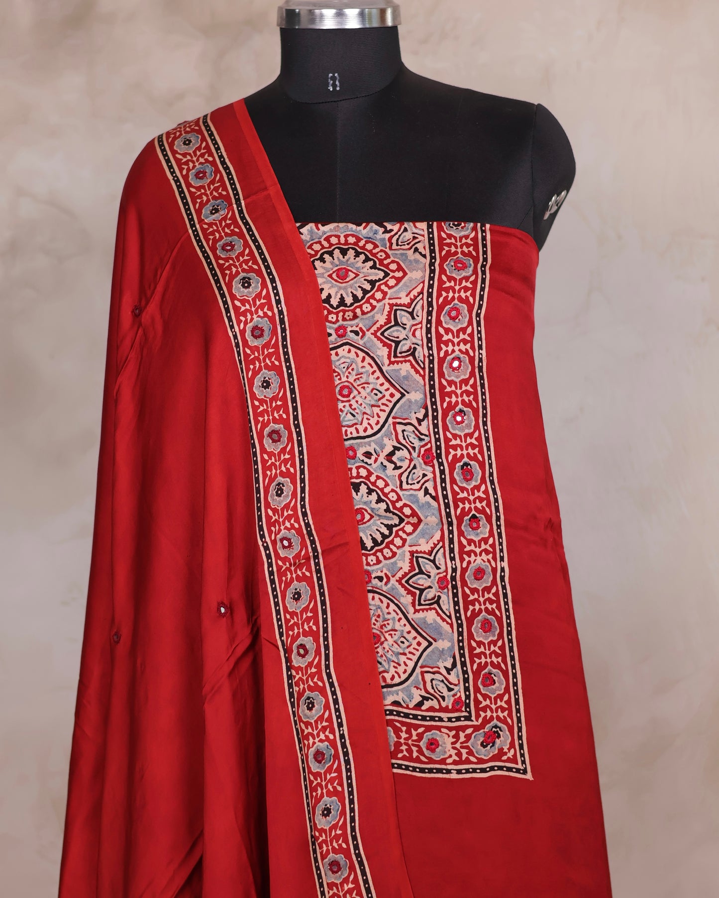 Mirror Work Maroon Ajrakh Handblock Printed Modal Silk 2 Piece Suit Set | Looms & Tassels