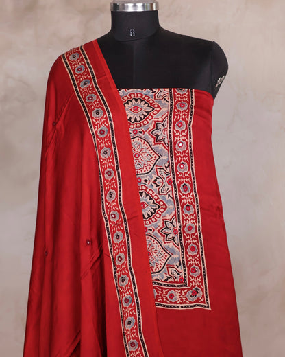 Mirror Work Maroon Ajrakh Handblock Printed Modal Silk 2 Piece Suit Set | Looms & Tassels