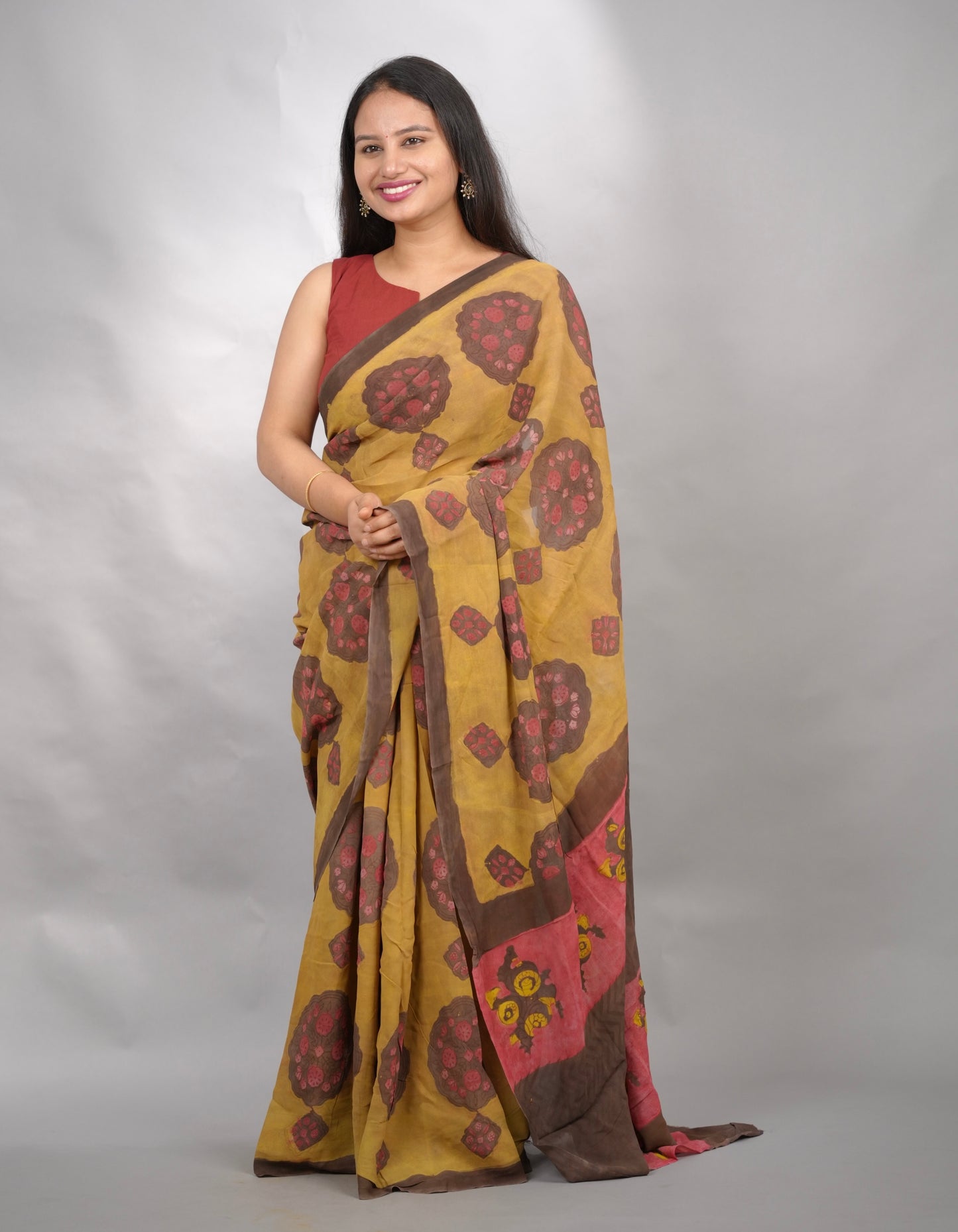 Mustard Georgette Hand Block Printed Saree| Looms & Tassels