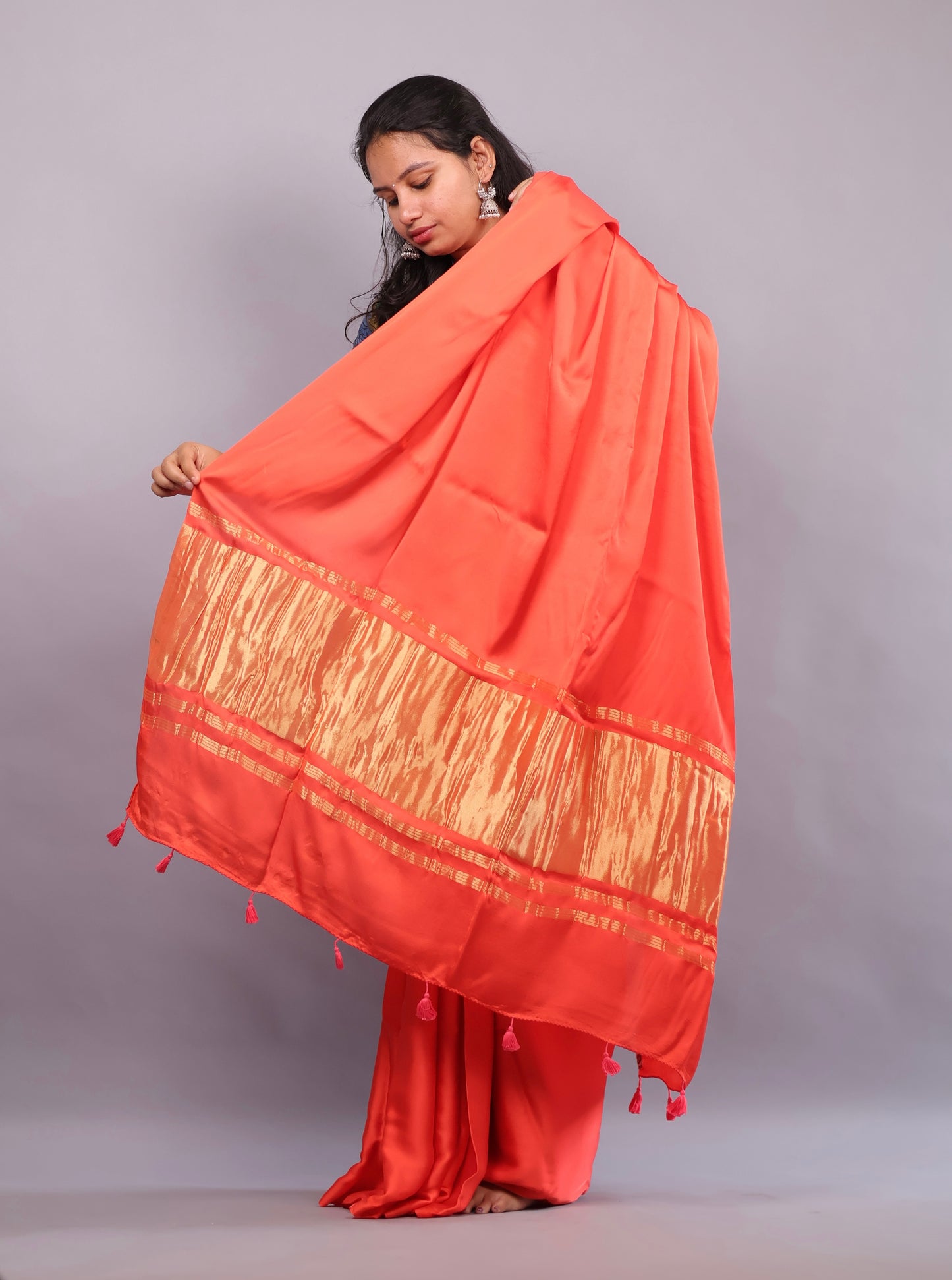 Orange Plain Modal Silk Saree with Lagdi Pallu | Looms & Tassels