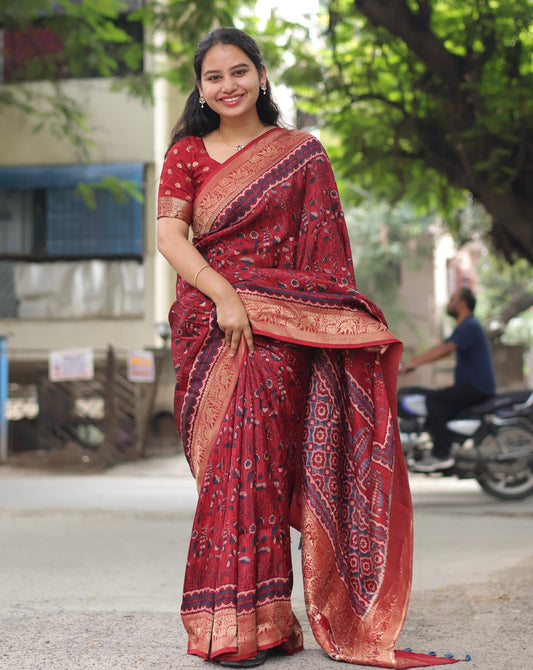 Maroon Ajrakh Dola Silk Saree