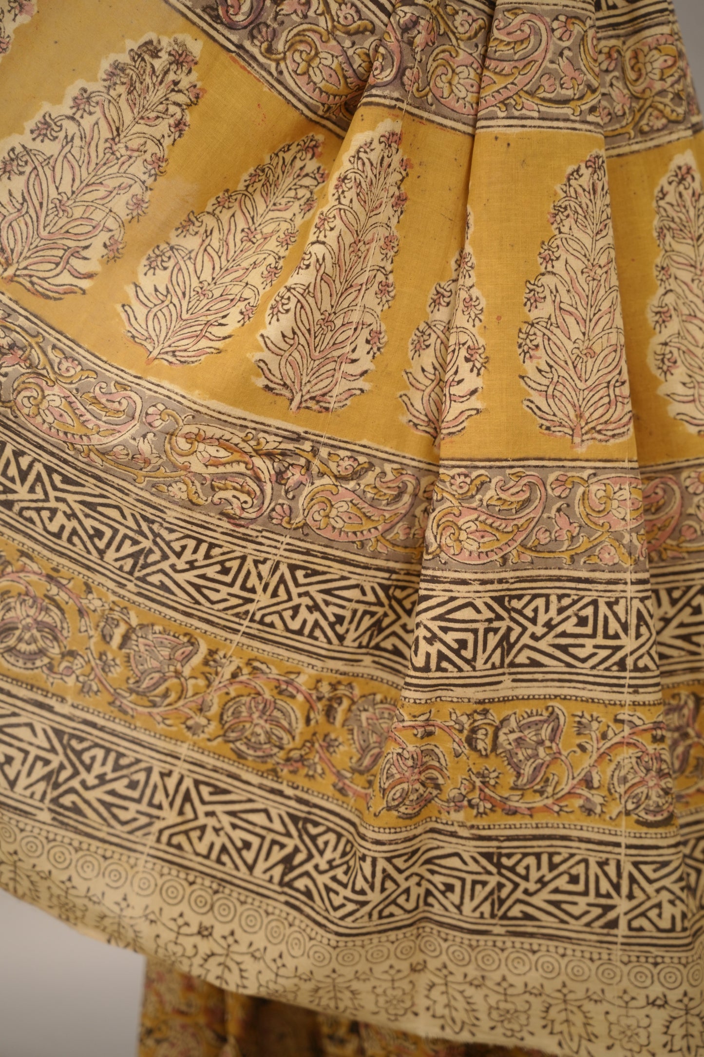 Mustard Hand Block Printed Kalamkari Cotton Saree | Looms & Tassels