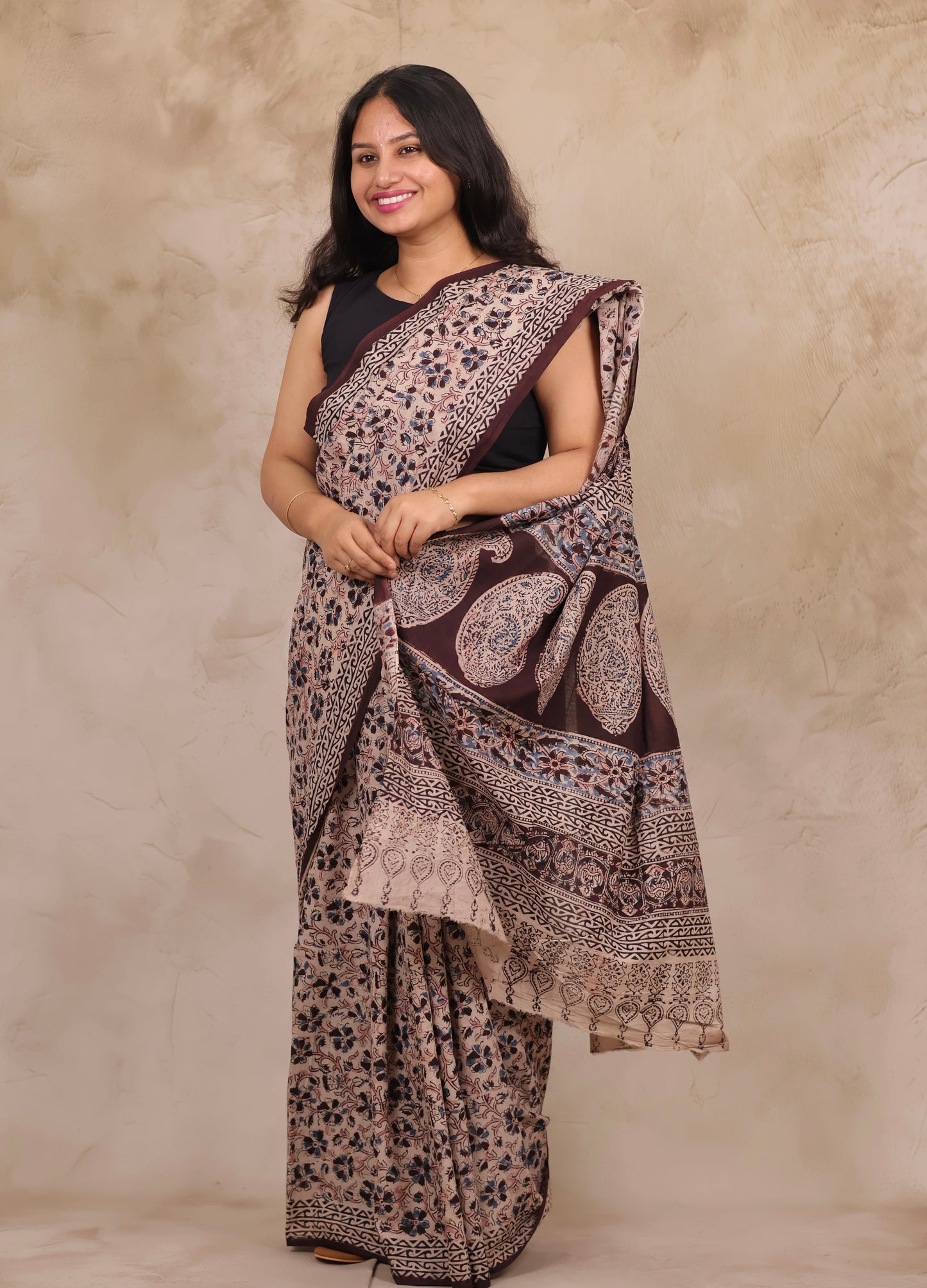 Cream Hand Block Printed Kalamkari Cotton Saree | Looms & Tassels