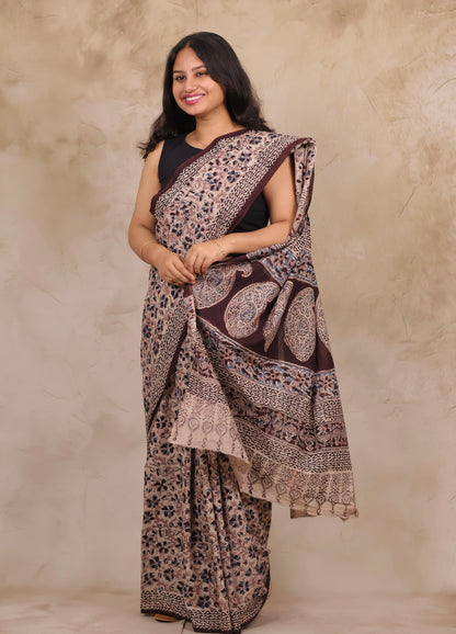Cream Hand Block Printed Kalamkari Cotton Saree | Looms & Tassels