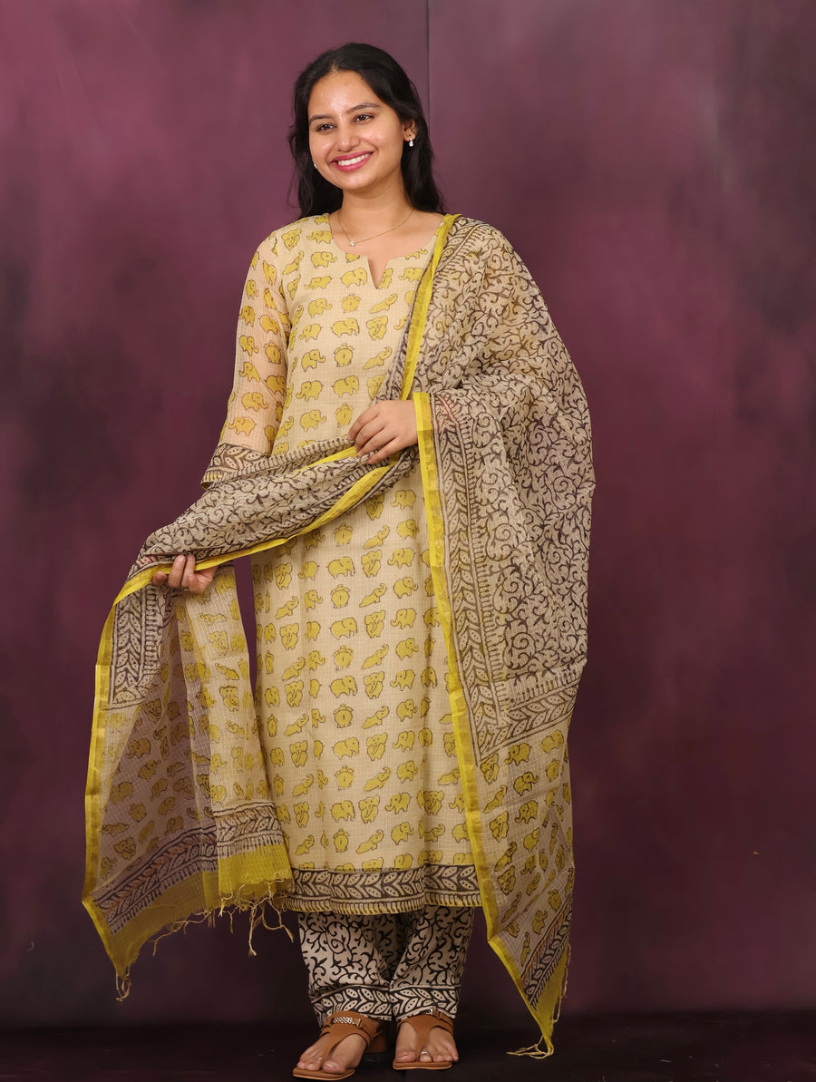 Cream & Yellow Elephant Handblock printed kota 3 piece suit (stitched)