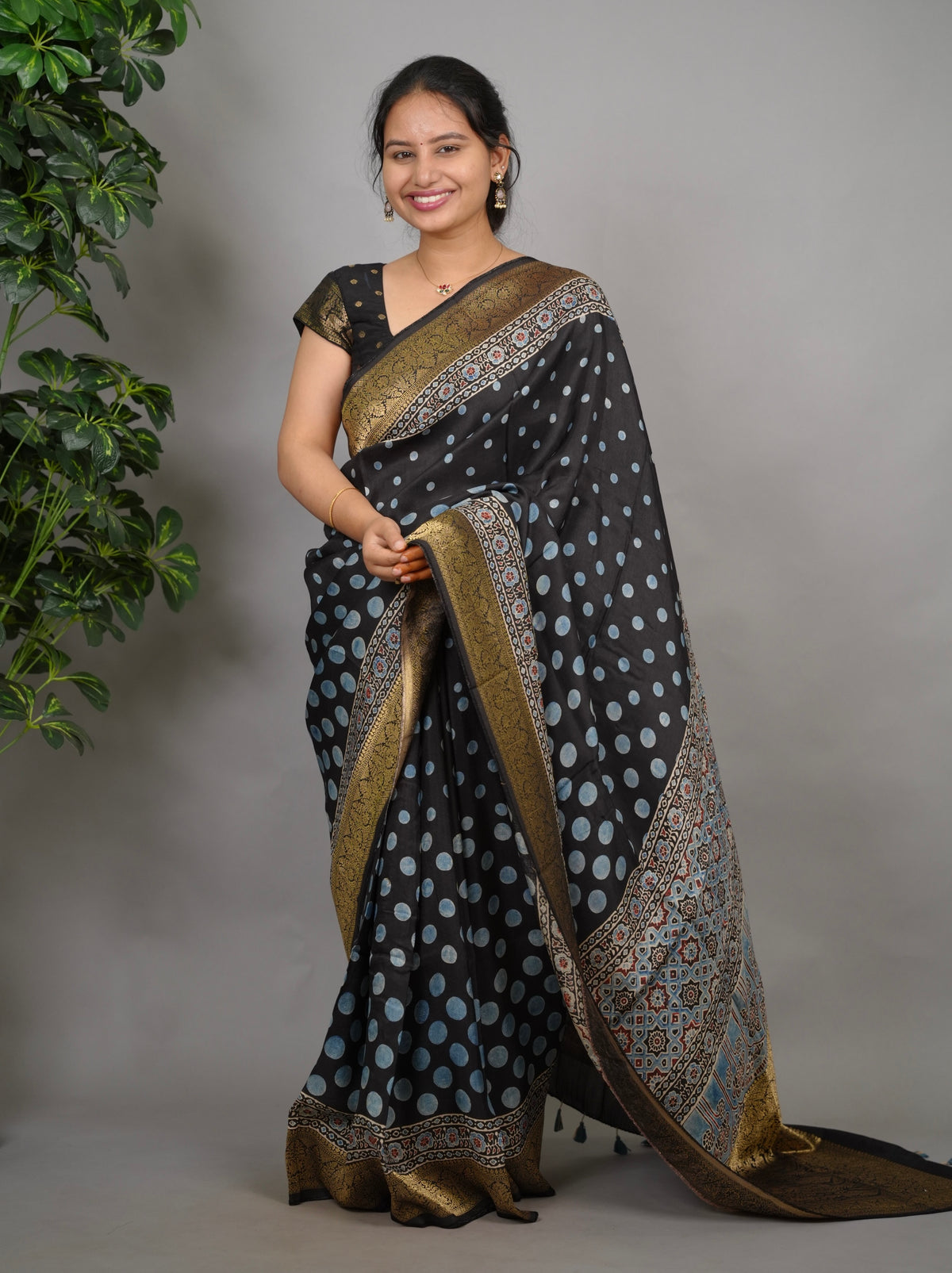 Ajrakh Dola Silk Saree - Black | Looms & Tassels