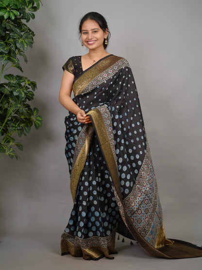 Ajrakh Dola Silk Saree - Black | Looms & Tassels