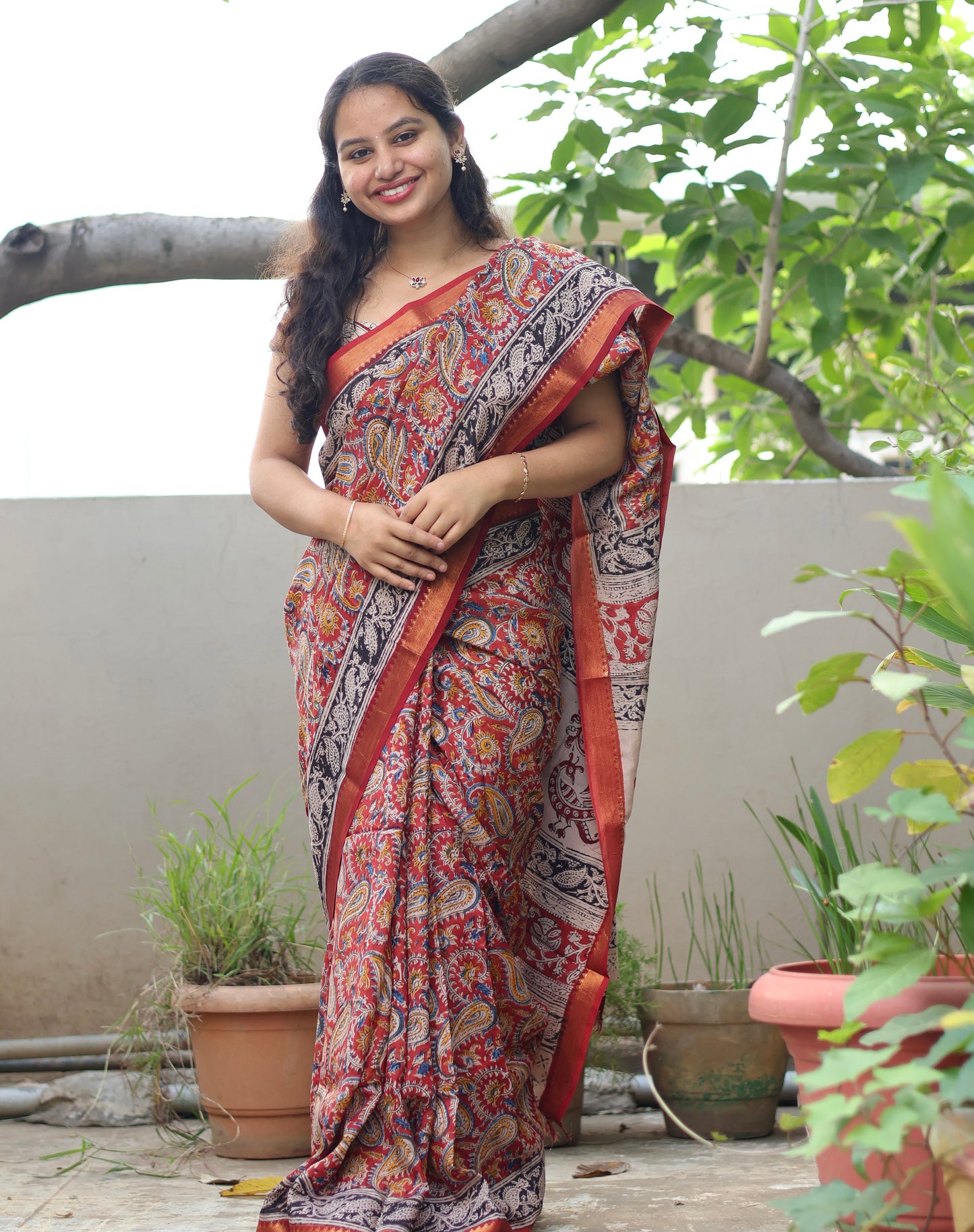 Red Hand Block Printed Kalamkari Nizam Border Silk Sare