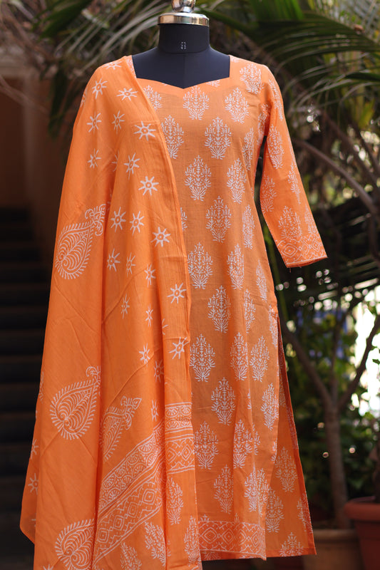 Orange Handblock printed Pure Mul Cotton Sweet Heart Neck with Mul Cotton Duppata 3 piece suit (stitched)
