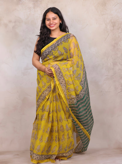 Yellow Pure Kota Doria Saree with Bagru Handblock Prints | Looms & Tassels