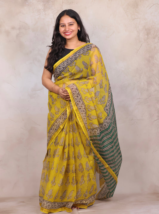 Yellow Pure Kota Doria Saree with Bagru Handblock Prints | Looms & Tassels
