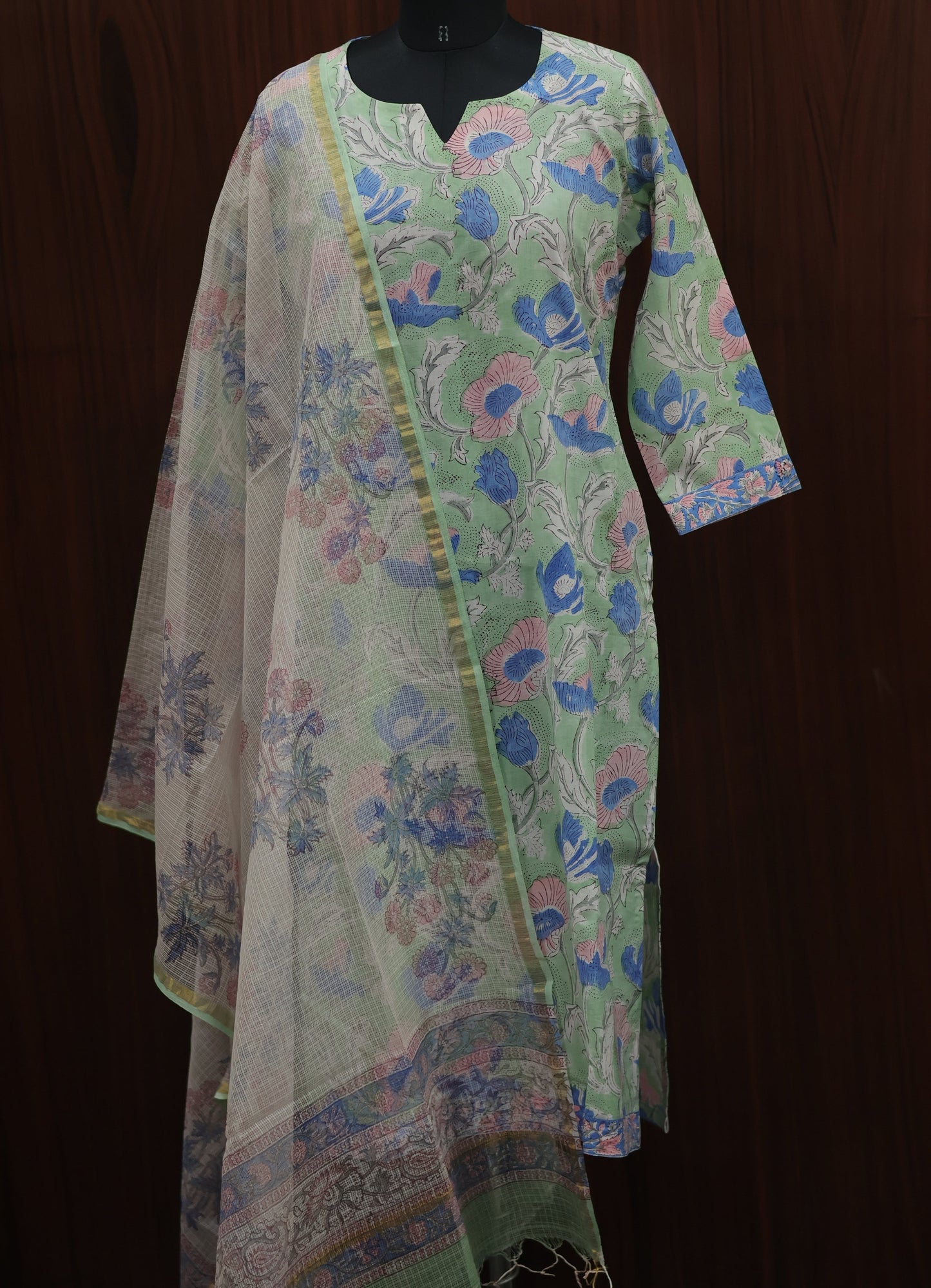 Sea Green Handblock printed Pure Mul Cotton with Kota Doria Duppata 3 piece suit (stitched)