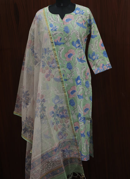 Sea Green Handblock printed Pure Mul Cotton with Kota Doria Duppata 3 piece suit (stitched)
