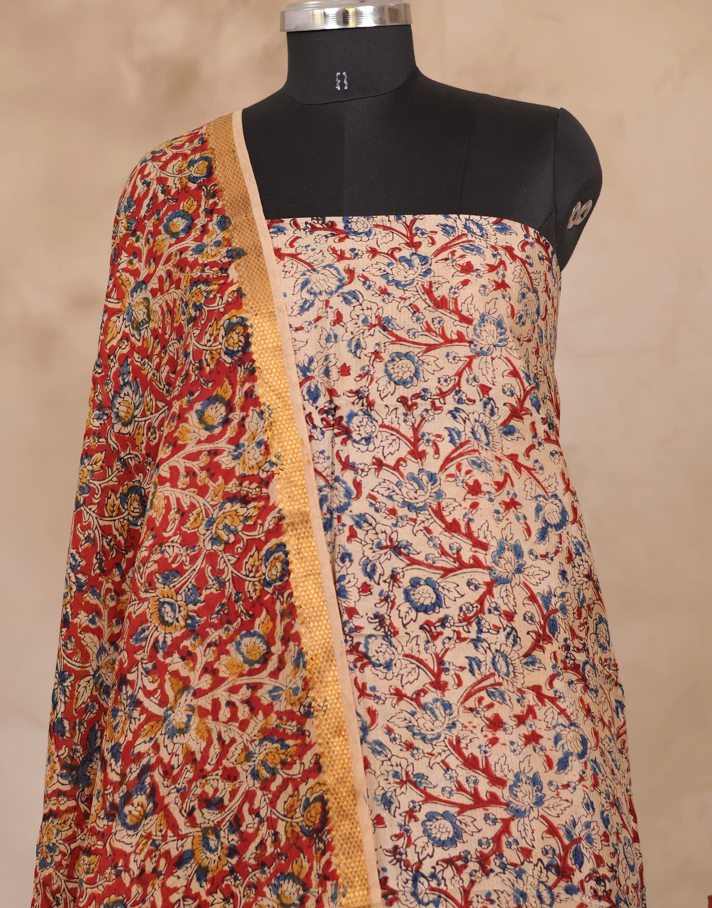Hand Block Printed Kalamkari Unstitched 3pc Suit Set