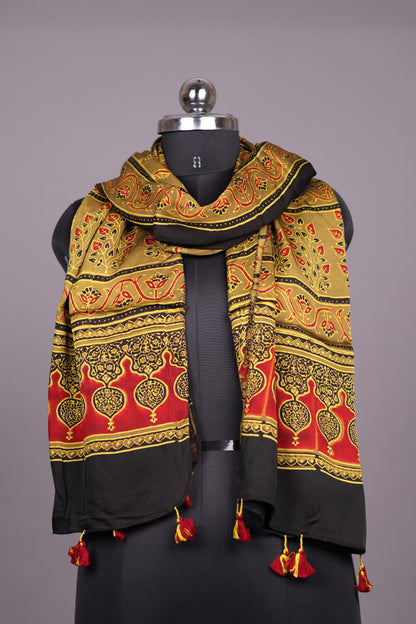 Mustard Ajrakh Hand Block Printed Modal Silk Stole | Looms & Tassels