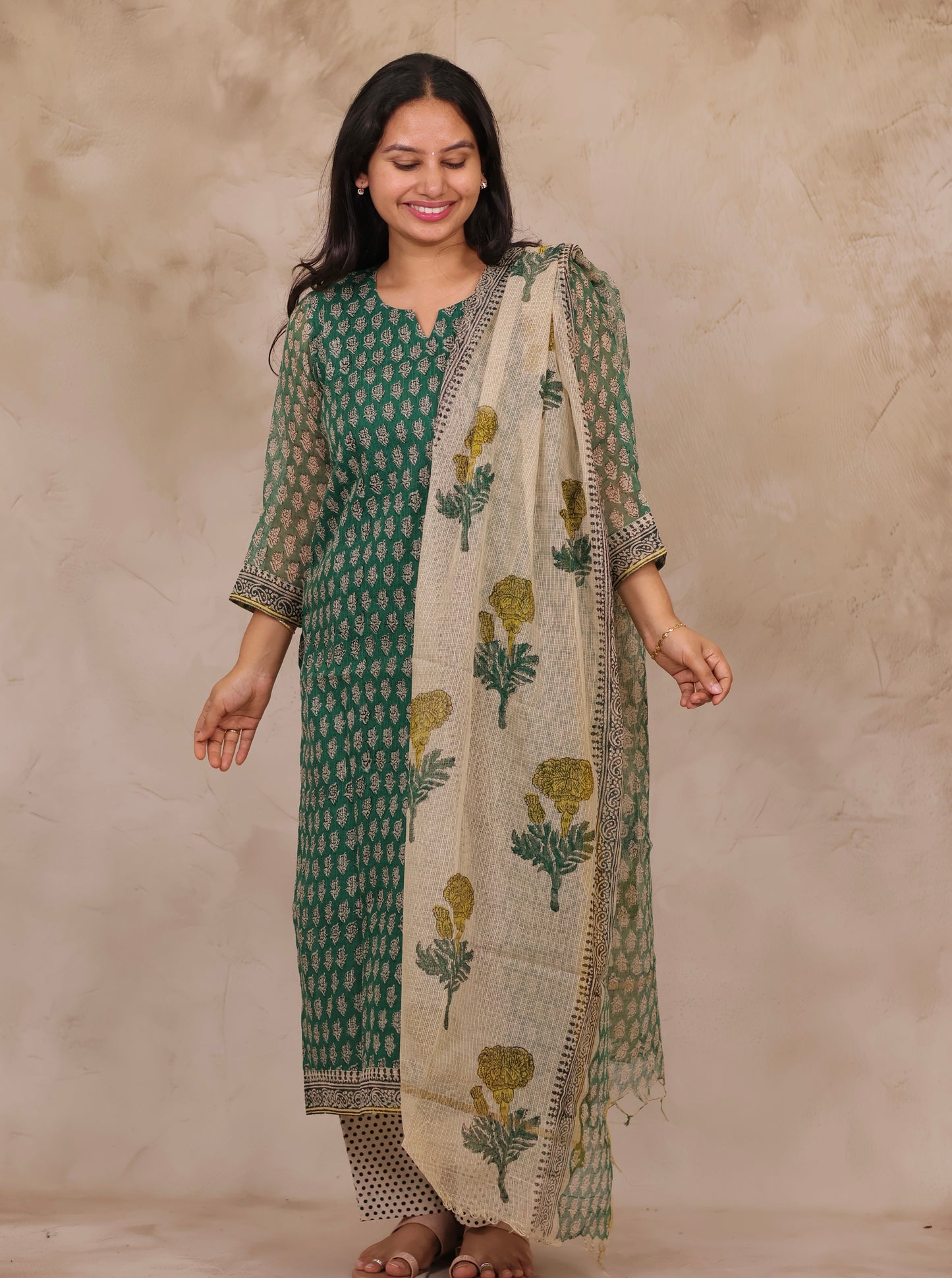 Green Handblock printed kota 3 piece suit (stitched)