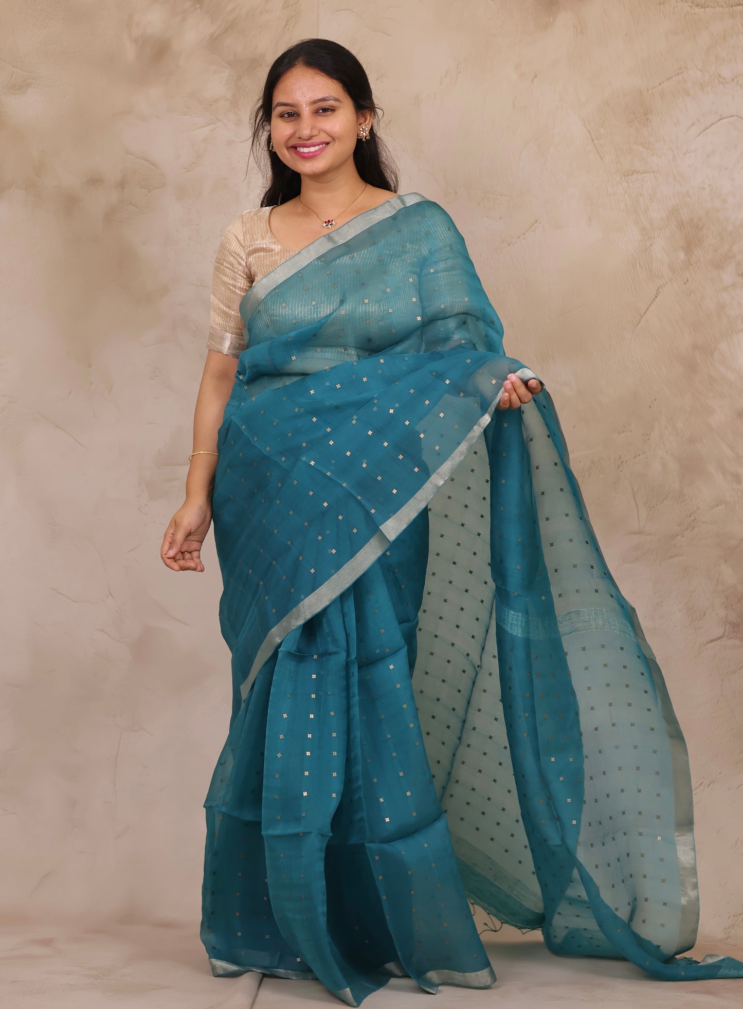 Teal Blue Handwoven Muslin Silk Saree With Sequence Work | Looms & Tassels