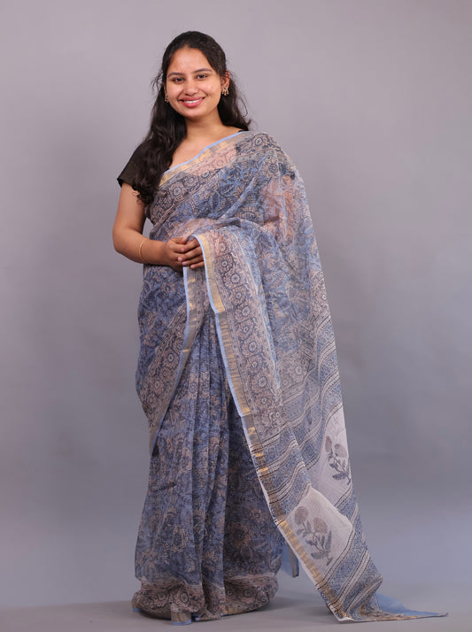 Pure Kota Doria Saree with Bagru Handblock Prints –Blue | Looms&Tassels