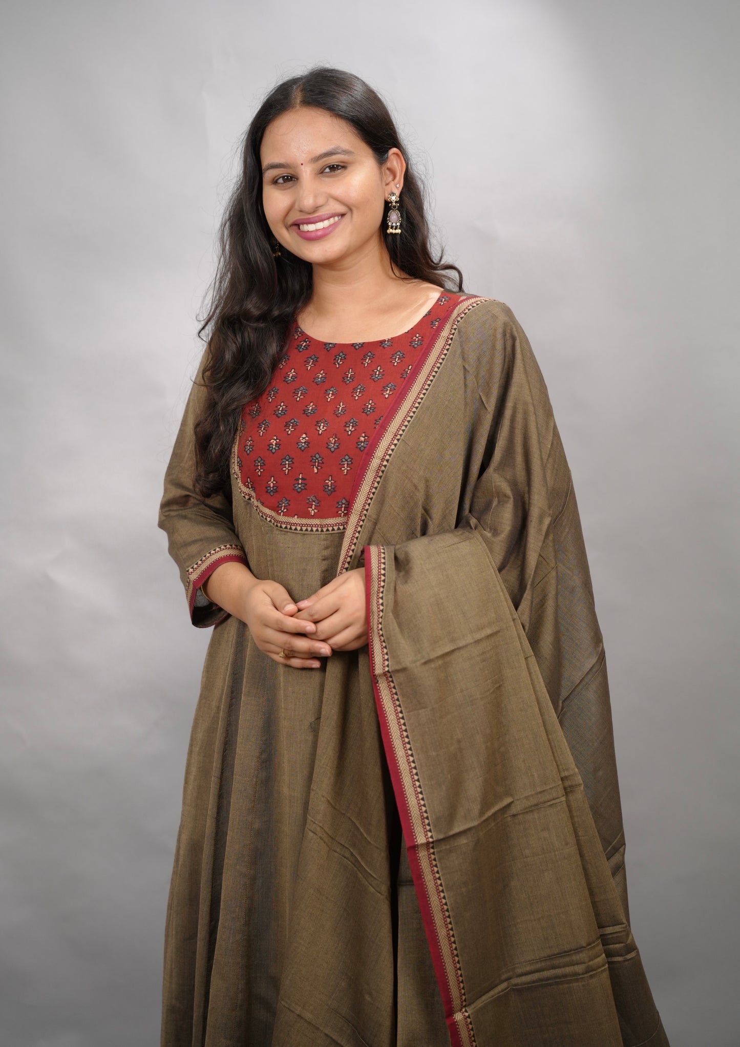 Grey Ajrakh Patch Work Narayanpet Cotton Anarkali Dress with Narayanpet Dupatta | Looms & Tassels
