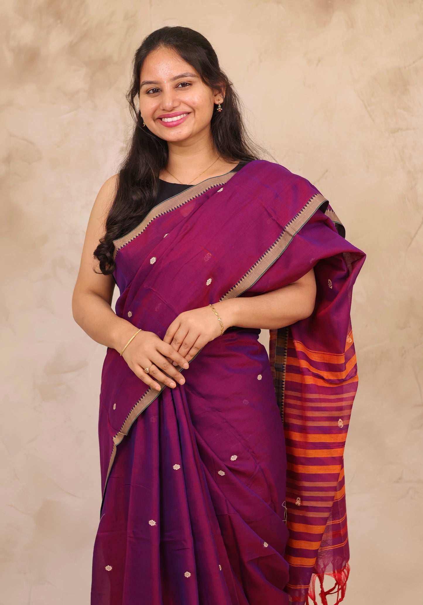 Purple Narayanpet Cotton Saree With Butta Weaving | Looms & Tassels