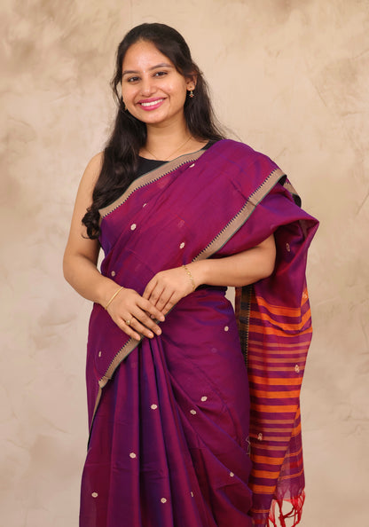 Purple Narayanpet Cotton Saree With Butta Weaving | Looms & Tassels