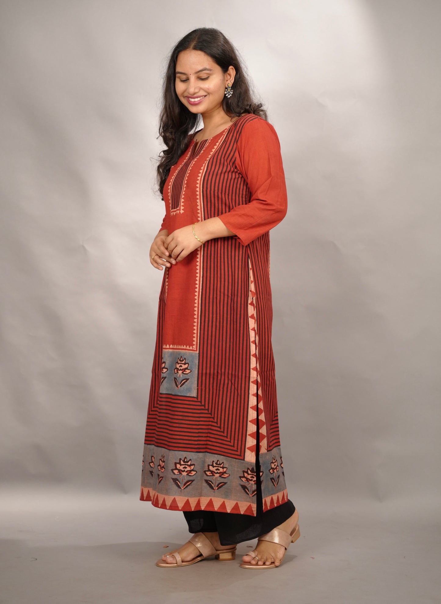 Red Ajrakh Pattern Hand Block printed Kurti | Looms & Tassels