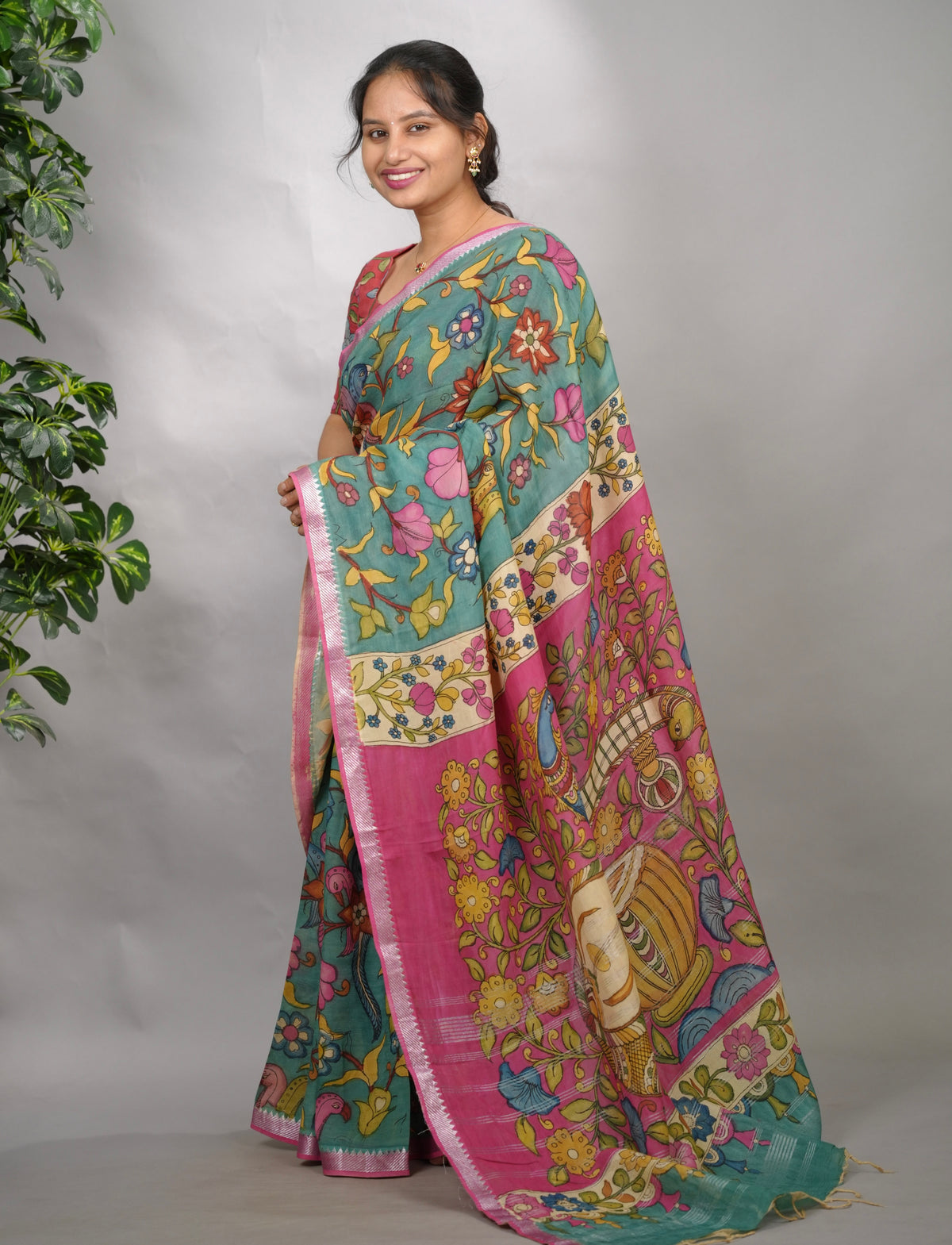 Bue Hand Drawn Pen  Mangalagiri Silk Saree | Looms & Tassels