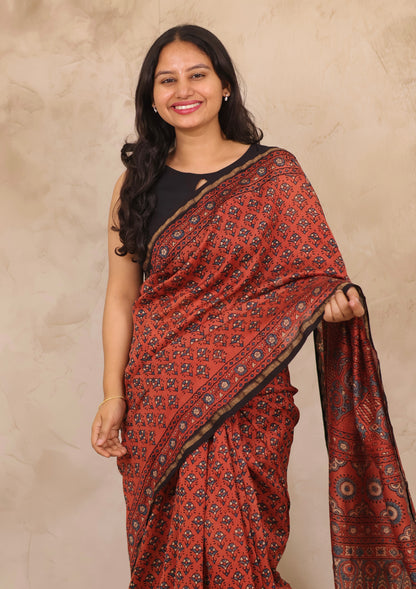 Maheswari Silk Cotton Ajrakh Handblock Printed Saree | Looms & Tassels