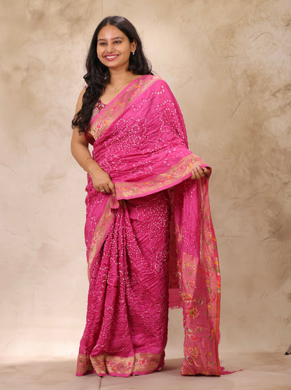 Pink Handcrafted Pattern Bandhani Paithani Dola Silk Saree | Looms & Tassels