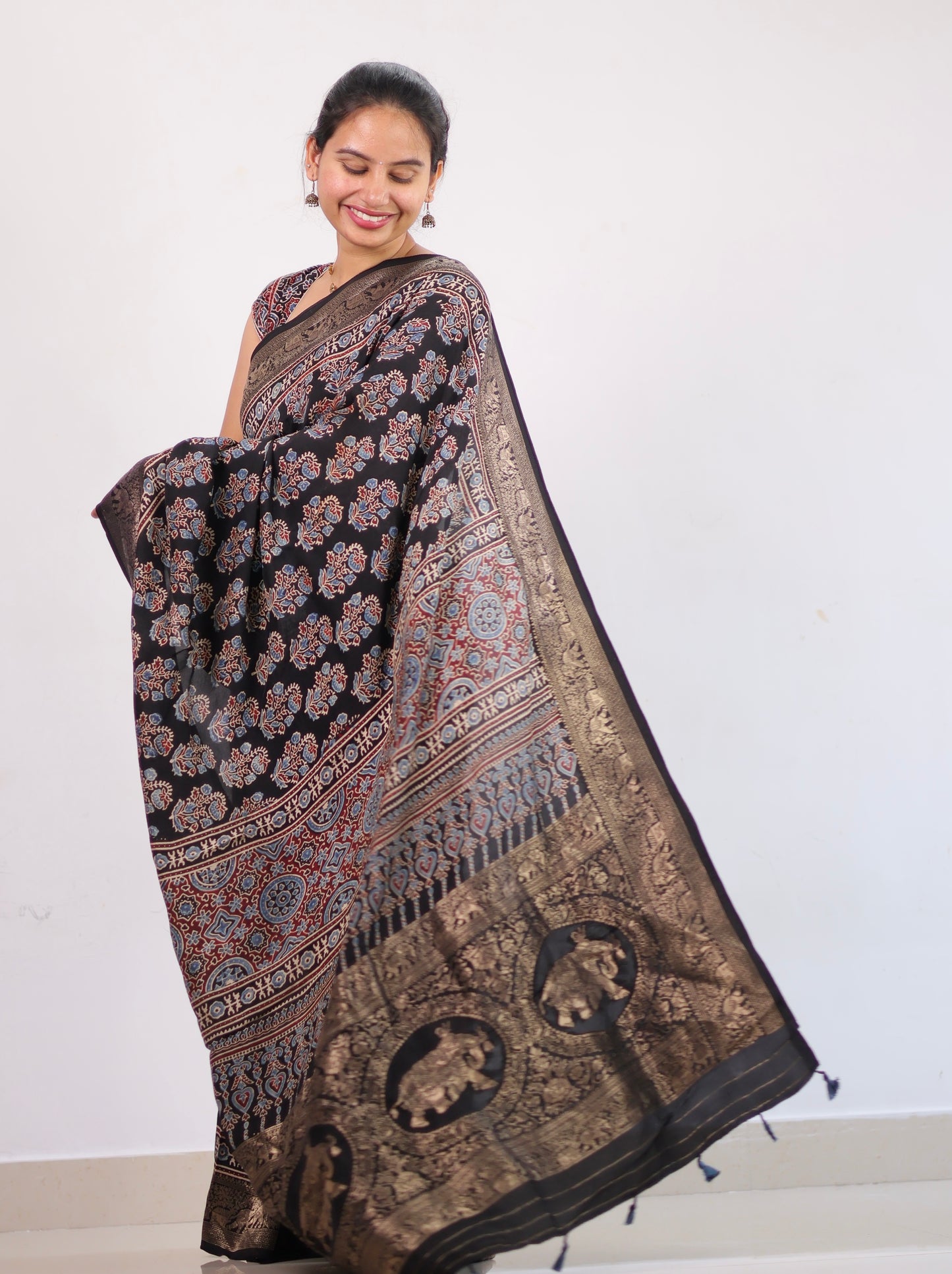 Ajrakh Dola Silk Saree