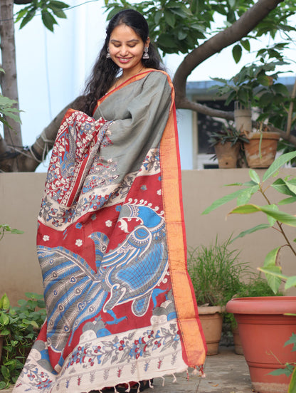 Grey & Red Madhubani Kalamkari Silk Handcrafted Nizam Border Saree