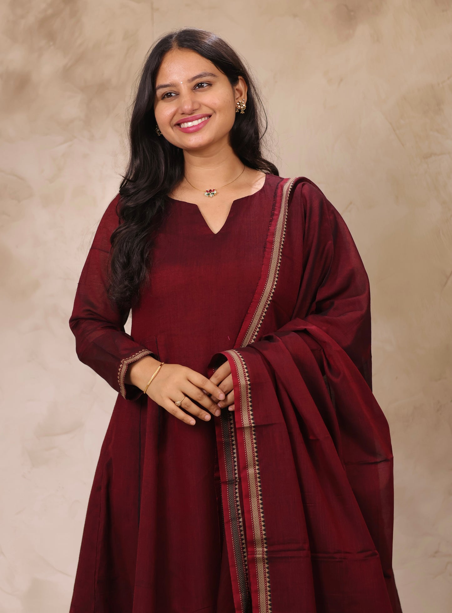 Maroon Narayanpet Cotton Kali Kurta with Narayanpet Dupatta | Looms & Tassels