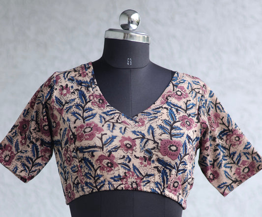 V Neck Stretchable Hand block printed kalamkari blouse