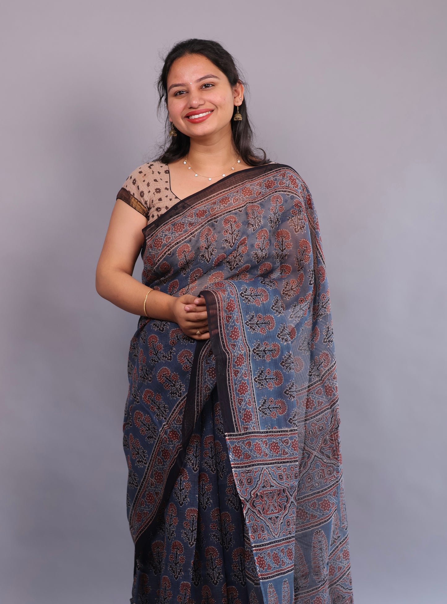 Indigo Ajrakh Hand Block Printed Kota Doria Saree | Looms & Tassels