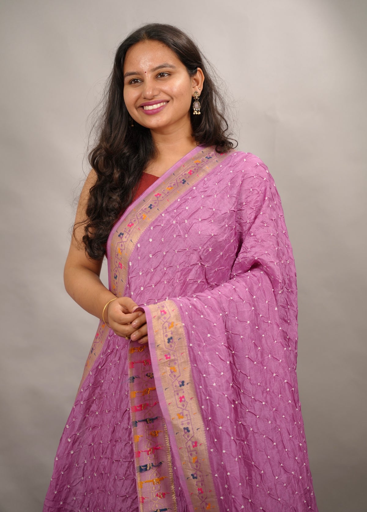 Lilac Handcrafted Bandhani Paithani Dola Silk Saree | Looms & Tassels