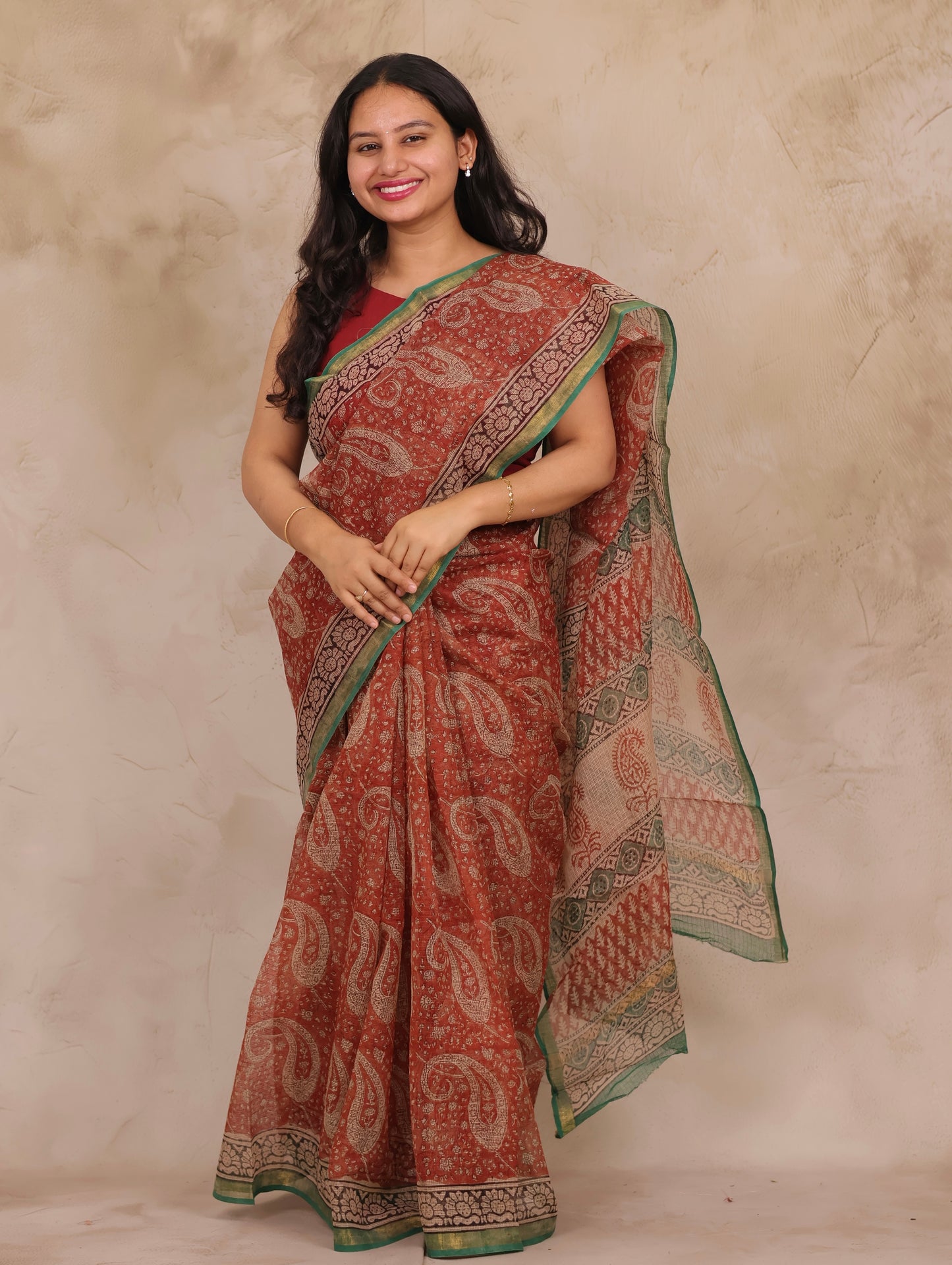 Maroon Pure Kota Doria Saree with Bagru Handblock Prints | Looms & Tassels