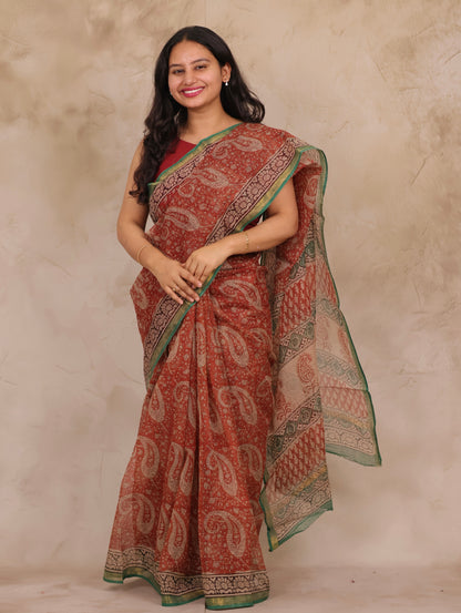 Maroon Pure Kota Doria Saree with Bagru Handblock Prints | Looms & Tassels
