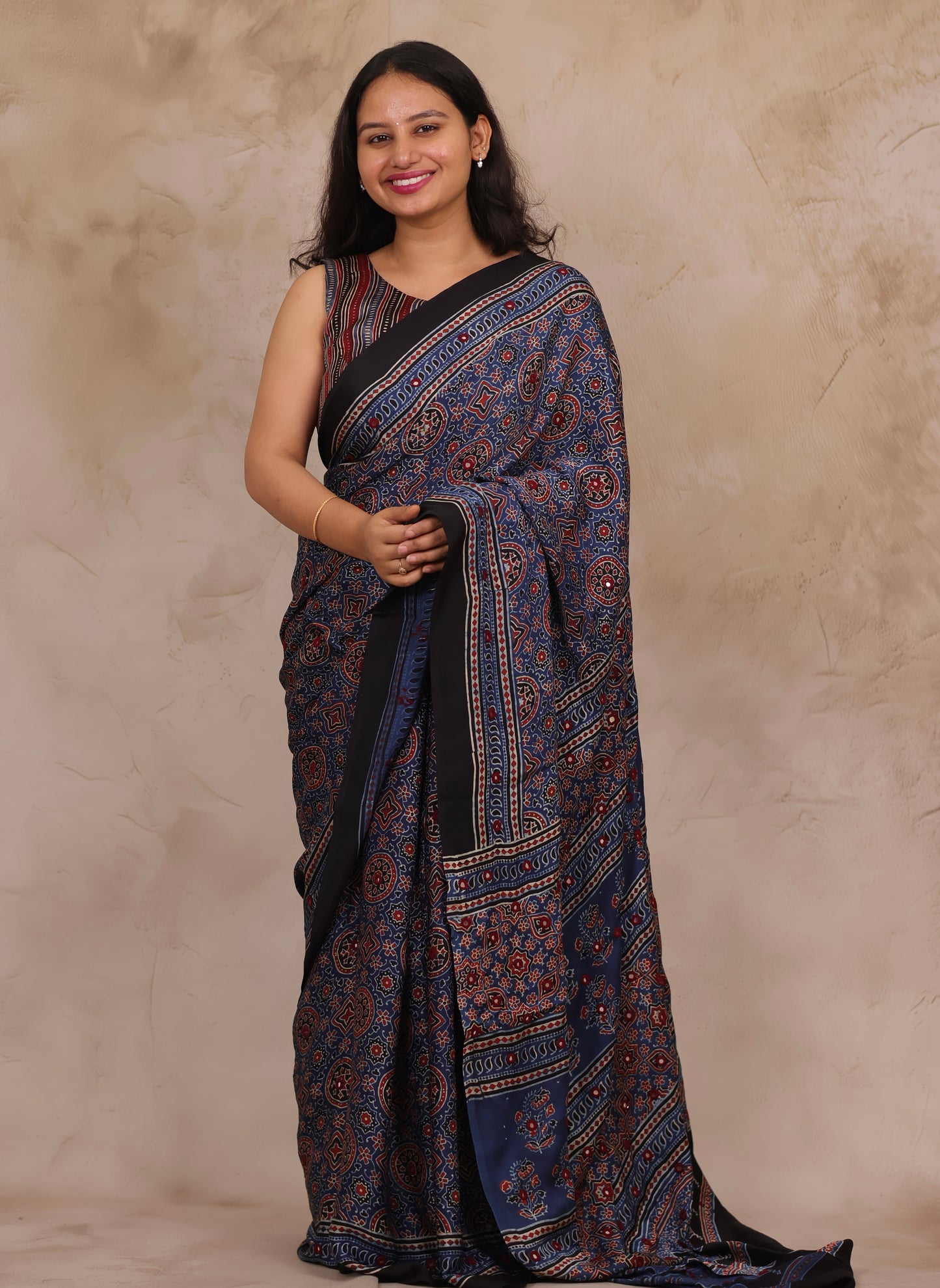 Indigo Handcrafted Ajrakh Modal Silk Saree with Authentic Banjara Mirror Work | Looms & Tassels