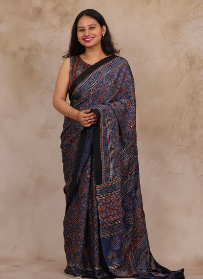 Indigo Handcrafted Ajrakh Modal Silk Saree with Authentic Banjara Mirror Work | Looms & Tassels