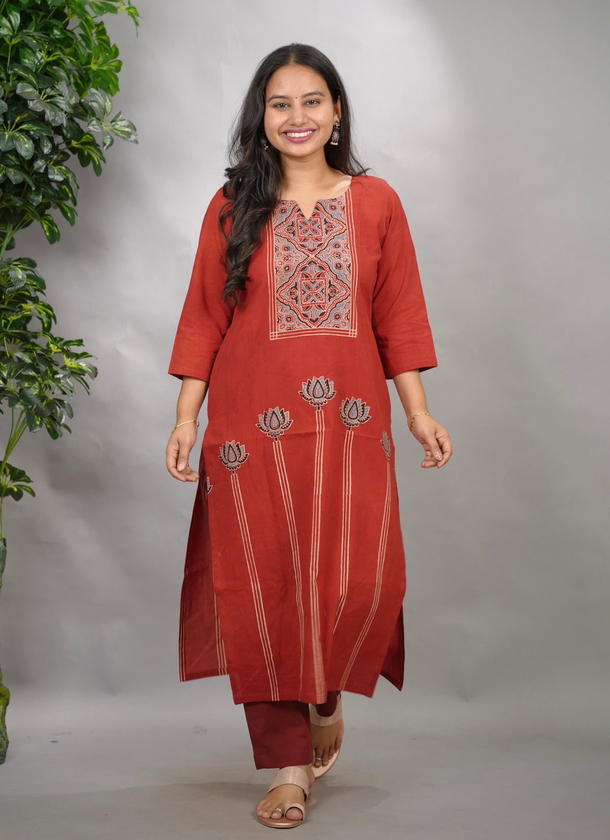 Maroon Ajrakh Pattern Hand Block printed Kurti | Looms & Tassels