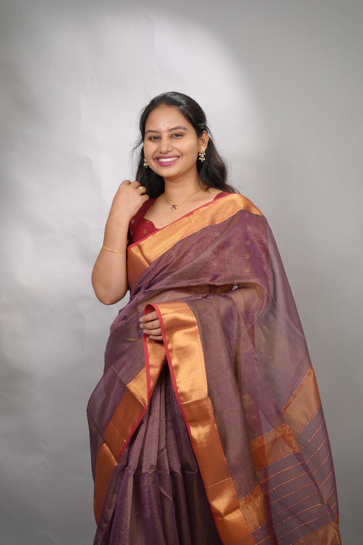 Lavender Checks Handloom Maheswari Tissue Silk Cotton Sarees | Looms & Tassels
