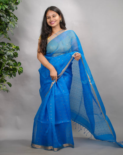 Blue Handwoven Muslin Silk Saree With Sequence Work | Looms & Tassels