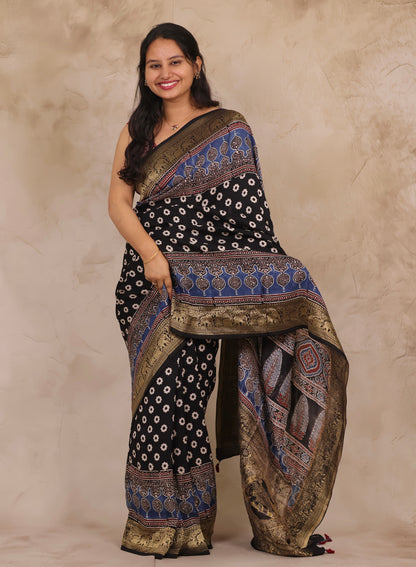 Black Ajrakh Handblock printed Dola Silk Saree | Looms & Tassels