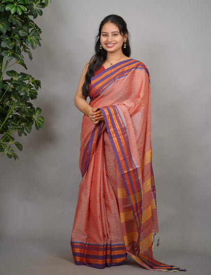 Onion Pink Checks Narayanpet Cotton Saree with Traditional contrast Border | Looms & Tassels
