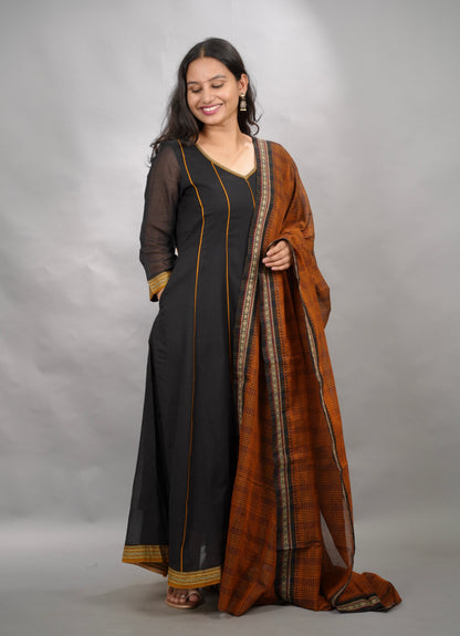Black Narayanpet Cotton Anarkali Dress with Narayanpet Dupatta | Looms & Tassels